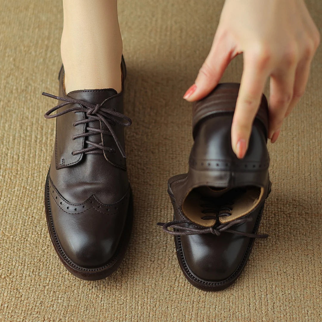 Women's cow leather lace-up flats oxfords carving British style casual female retro high quality soft comfortable daily shoes