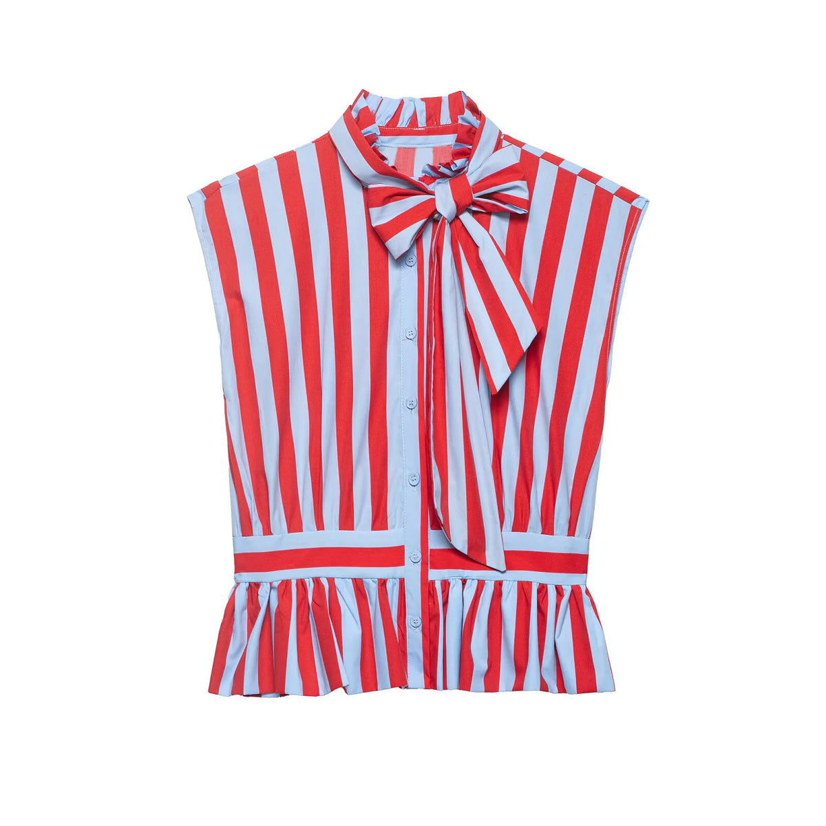 Women's Striped Shirt with Bow New 2026 Spring Fashion Button Sleeveless Pleated Neck Women Tops Simple Lady Shirts & Blouses