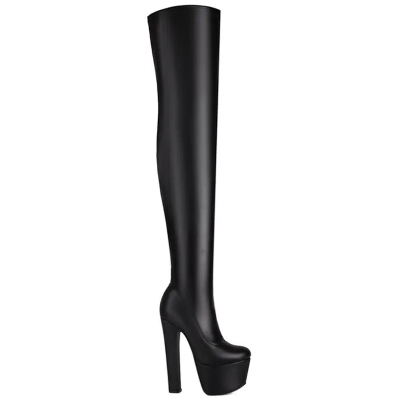 Solid Color Over-the-knee Boots For Women Side Zipper Roud Toe Stiletto Platform Stripper Shoes Patent Leather Matt Designer New