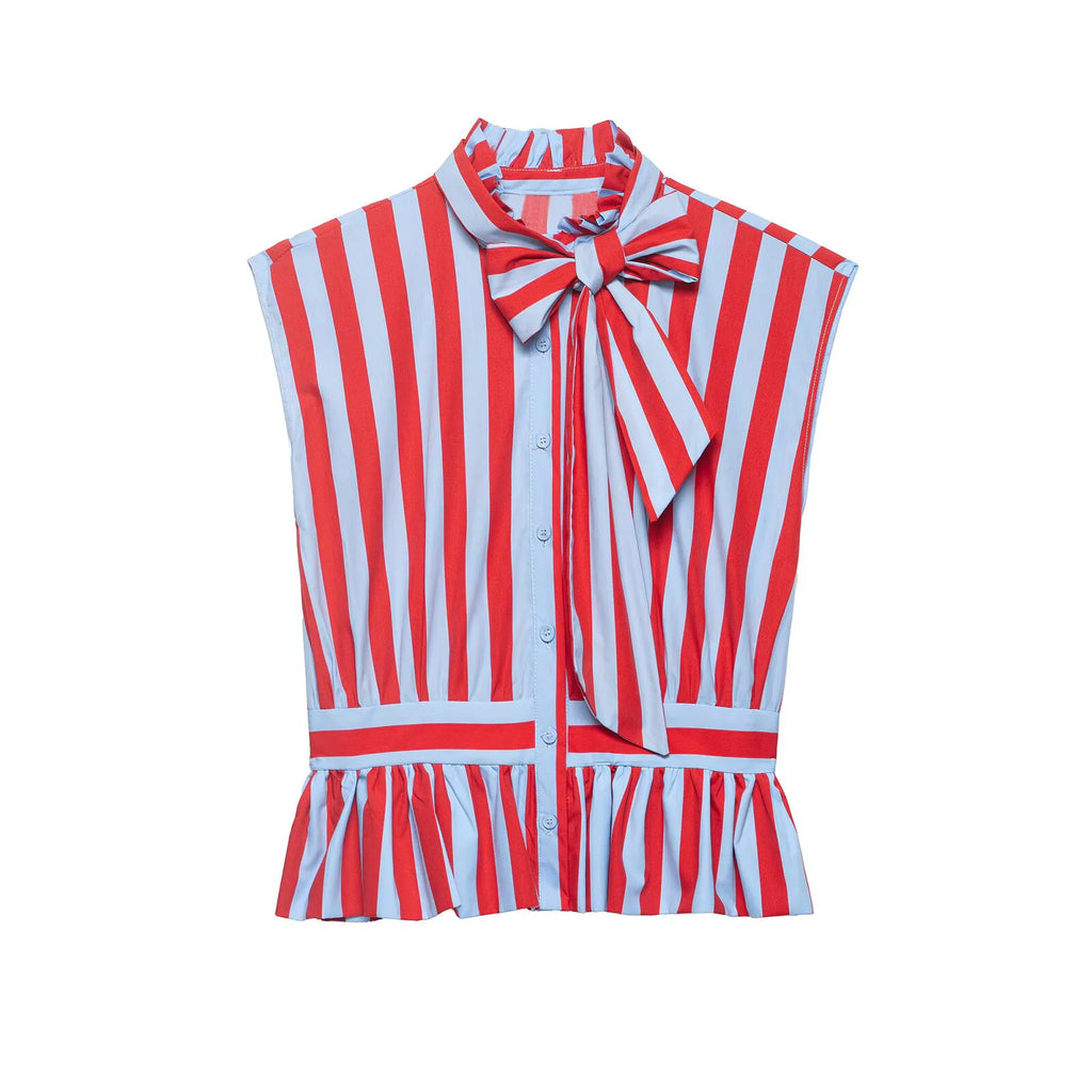 Women's Striped Shirt with Bow New 2026 Spring Fashion Button Sleeveless Pleated Neck Women Tops Simple Lady Shirts & Blouses