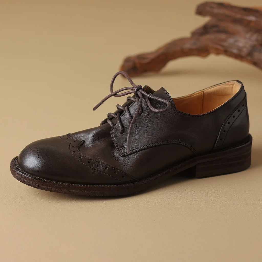 Women's cow leather lace-up flats oxfords carving British style casual female retro high quality soft comfortable daily shoes