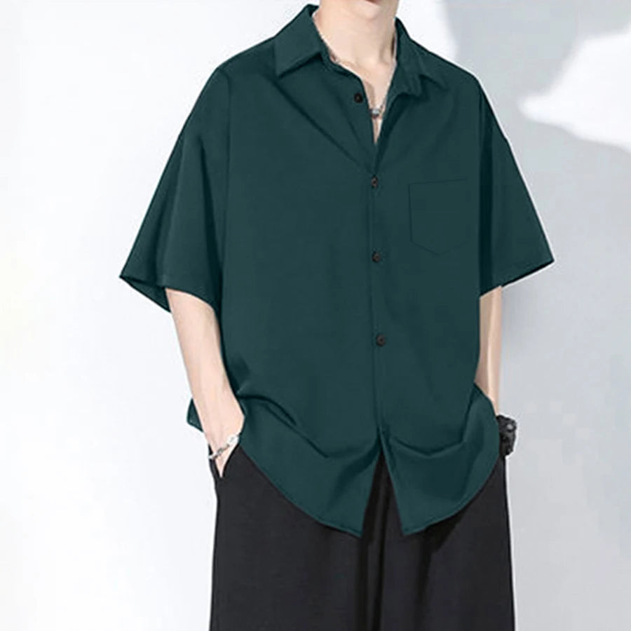 Shirt Men's Summer Ice Silk Short-Sleeved Drapey High-End Loose Casual Solid Color Shirt for Men