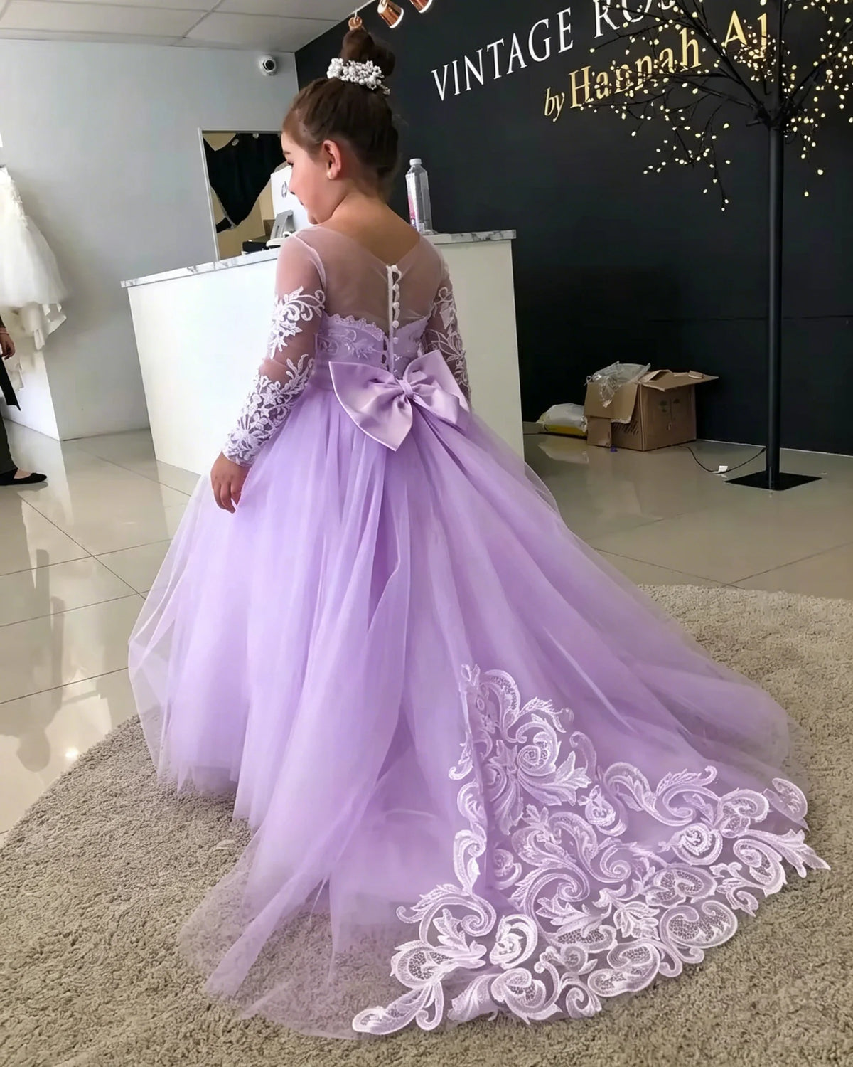 1-13 Years Lace Tulle Flower Girl Dress Up Buttons Bows Children's First Communion Ball Gown Wedding Party Bridesmaid Dress Kids