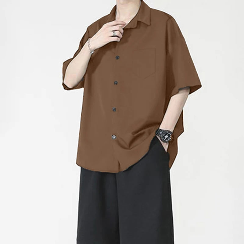 Shirt Men's Summer Ice Silk Short-Sleeved Drapey High-End Loose Casual Solid Color Shirt for Men