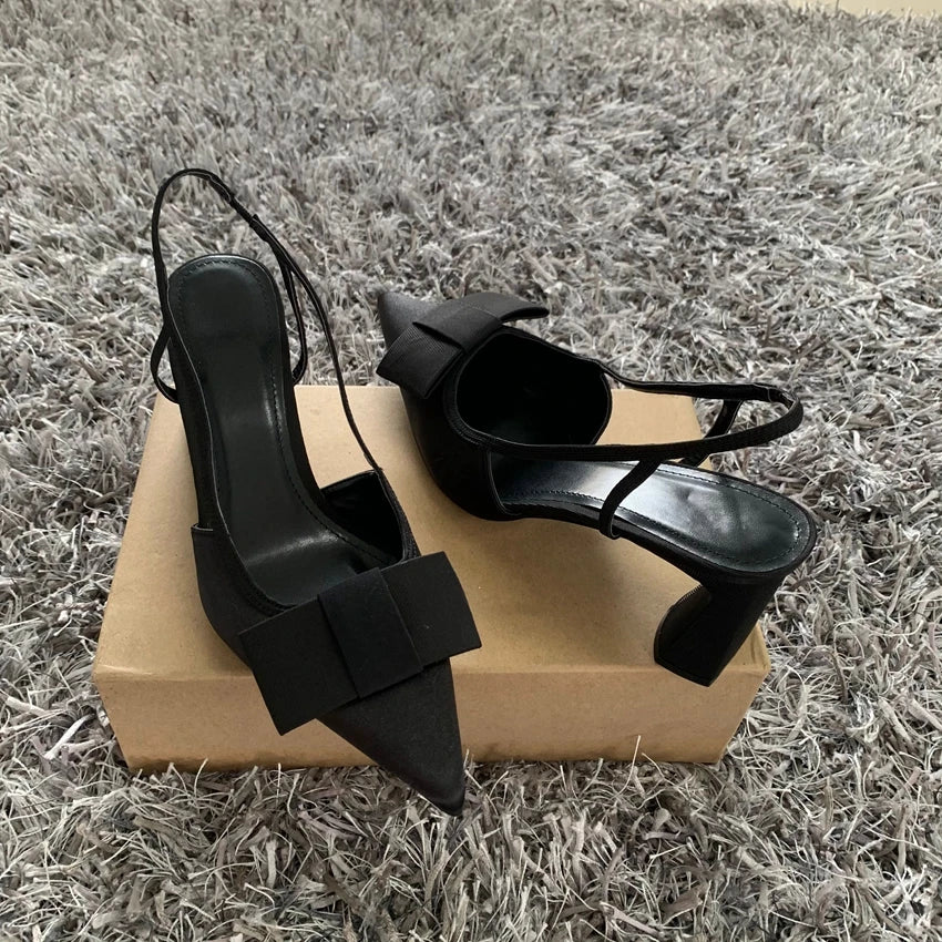Pointed Toe Women's Office Shoes 2025 Summer Black Retro Bow Decoration High Heels Shallow Slingbacks Elegant Ladies Pumps