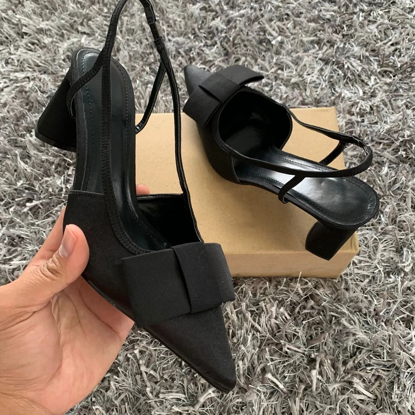 Pointed Toe Women's Office Shoes 2025 Summer Black Retro Bow Decoration High Heels Shallow Slingbacks Elegant Ladies Pumps