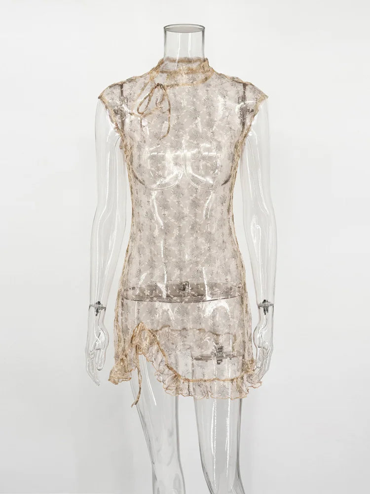 Tossy Lace Hollow Out Printed Mini Dress Women's Summer Lace-Up Patchwork Ruffled Sexy Bodycon Dress Female See-Through Dress