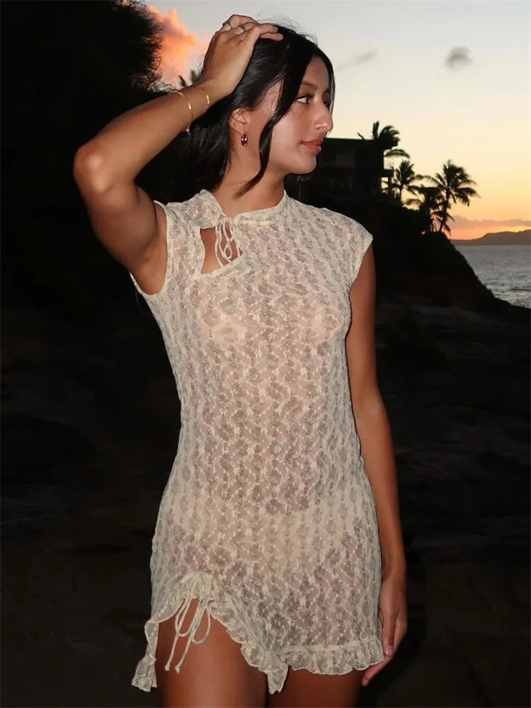 Tossy Lace Hollow Out Printed Mini Dress Women's Summer Lace-Up Patchwork Ruffled Sexy Bodycon Dress Female See-Through Dress