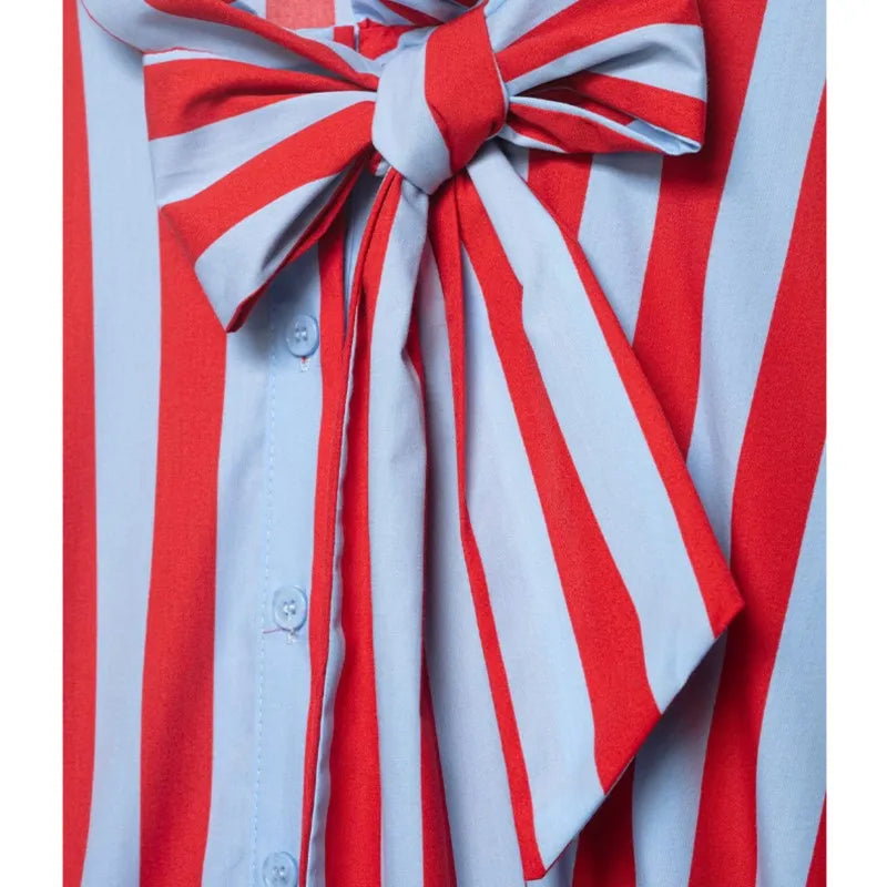 Women's Striped Shirt with Bow New 2026 Spring Fashion Button Sleeveless Pleated Neck Women Tops Simple Lady Shirts & Blouses
