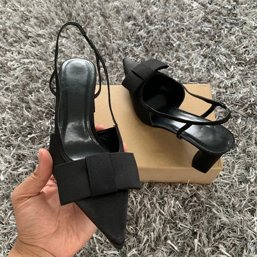 Pointed Toe Women's Office Shoes 2025 Summer Black Retro Bow Decoration High Heels Shallow Slingbacks Elegant Ladies Pumps