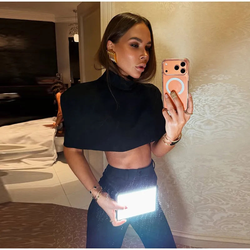 Elegant Cropped Shawl Tops Women's Short Sleeves Stand Collar Coat With Shoulder Pad 2026 New Ladies Spring Summer Solid Outwear