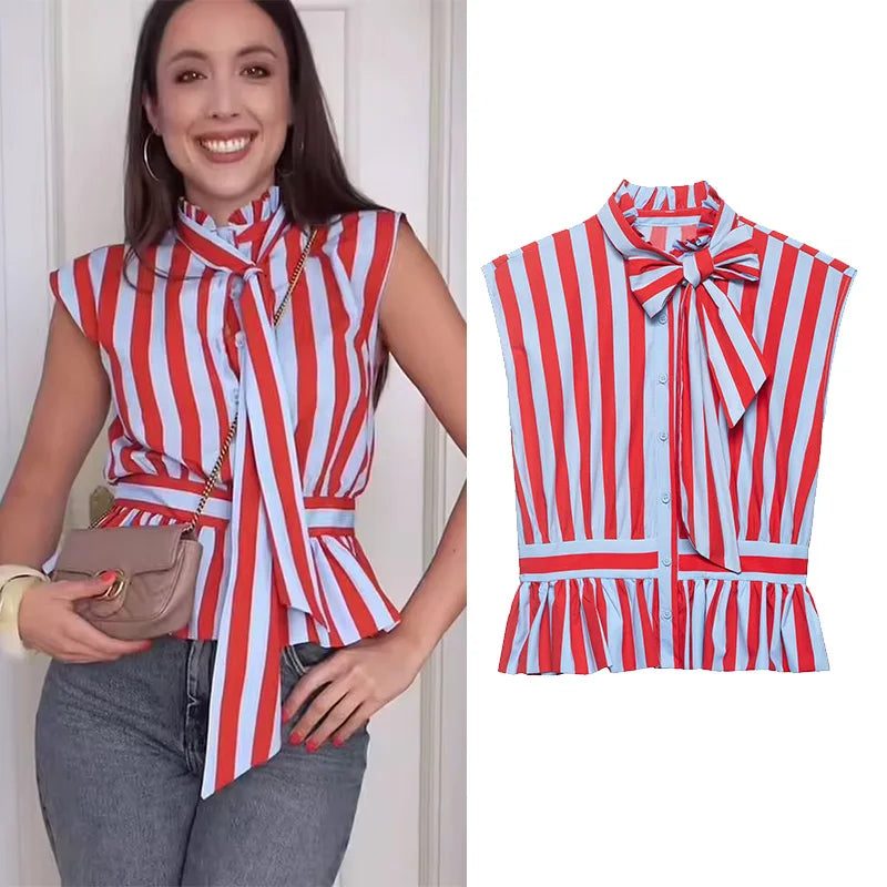 Women's Striped Shirt with Bow New 2026 Spring Fashion Button Sleeveless Pleated Neck Women Tops Simple Lady Shirts & Blouses
