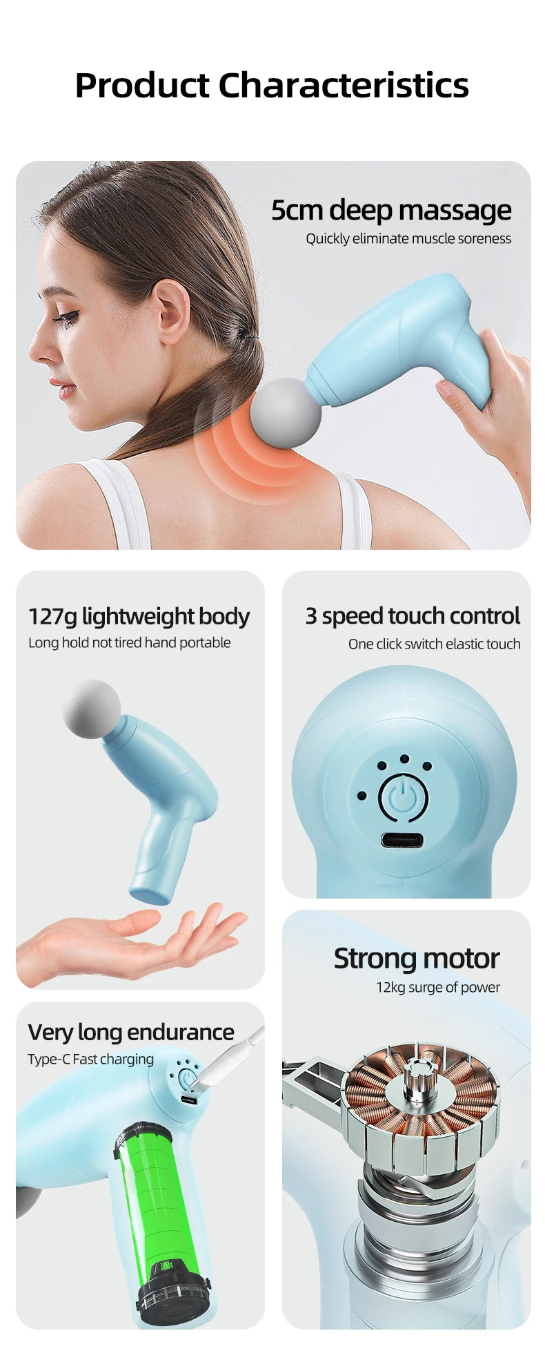 Electric massage gun, hand-held muscle relaxor, fascia gun, fitness exercise, deep shoulder, neck, back massager, home massager
