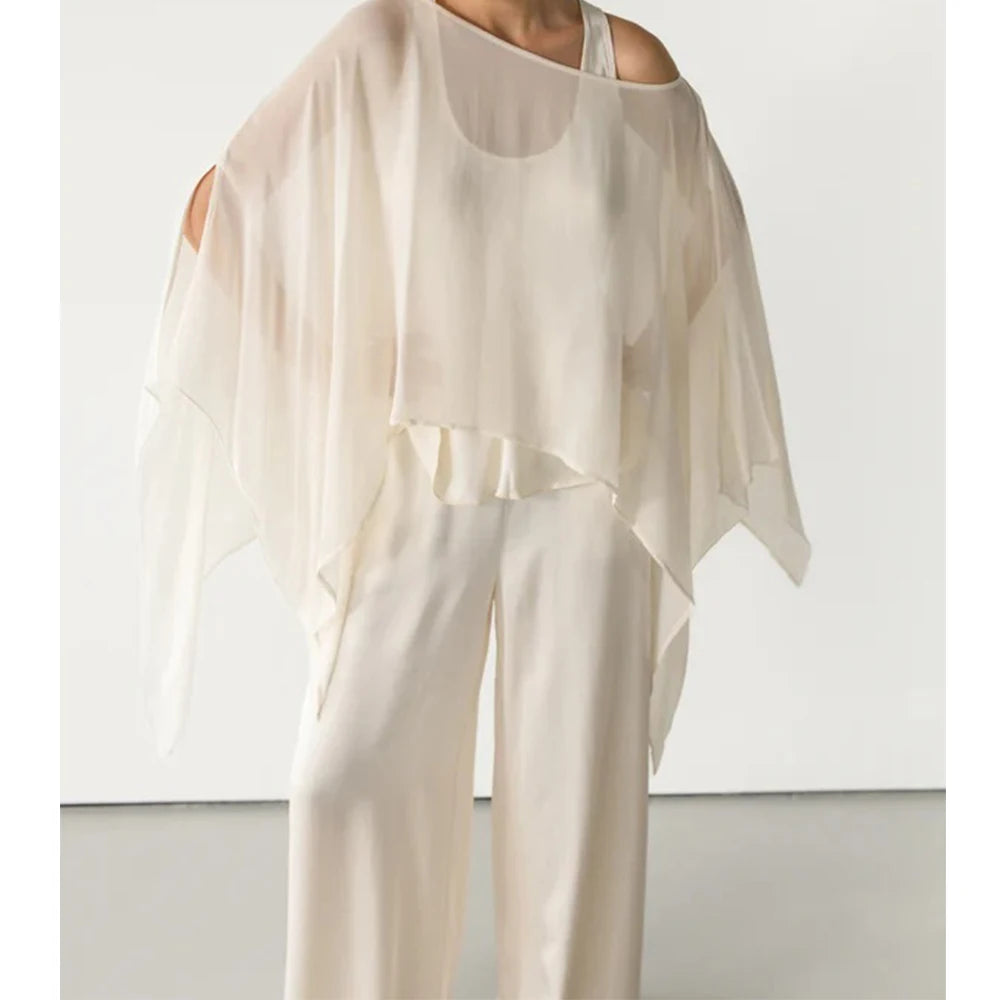 Women Summer Solid Off Shoulder Chiffon Sheer Poncho Tops Y2k Aesthetic Vintage Smocked Beach Vacation Going Out Pullovers Tops