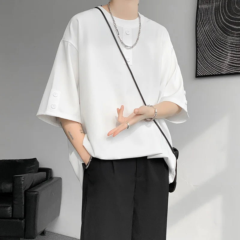 T shirt Men Summer Buttons Decor Hip Hop Streetwear Fashion T-Shirts Oversized Top Tees Mens Casual O-Neck Half Sleeve T Shirt