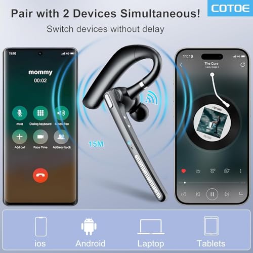 COTOE Bluetooth Headset with 72-Hour Talk Time & 500mAh Charging Case, Bluetooth V5.3 Headset with Noise Cancelling Mic – Wireless Earpiece Hands-Free Headphones for Office Trucker Driving Business