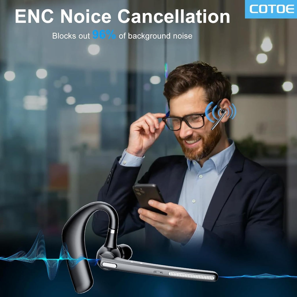COTOE Bluetooth Headset with 72-Hour Talk Time & 500mAh Charging Case, Bluetooth V5.3 Headset with Noise Cancelling Mic – Wireless Earpiece Hands-Free Headphones for Office Trucker Driving Business