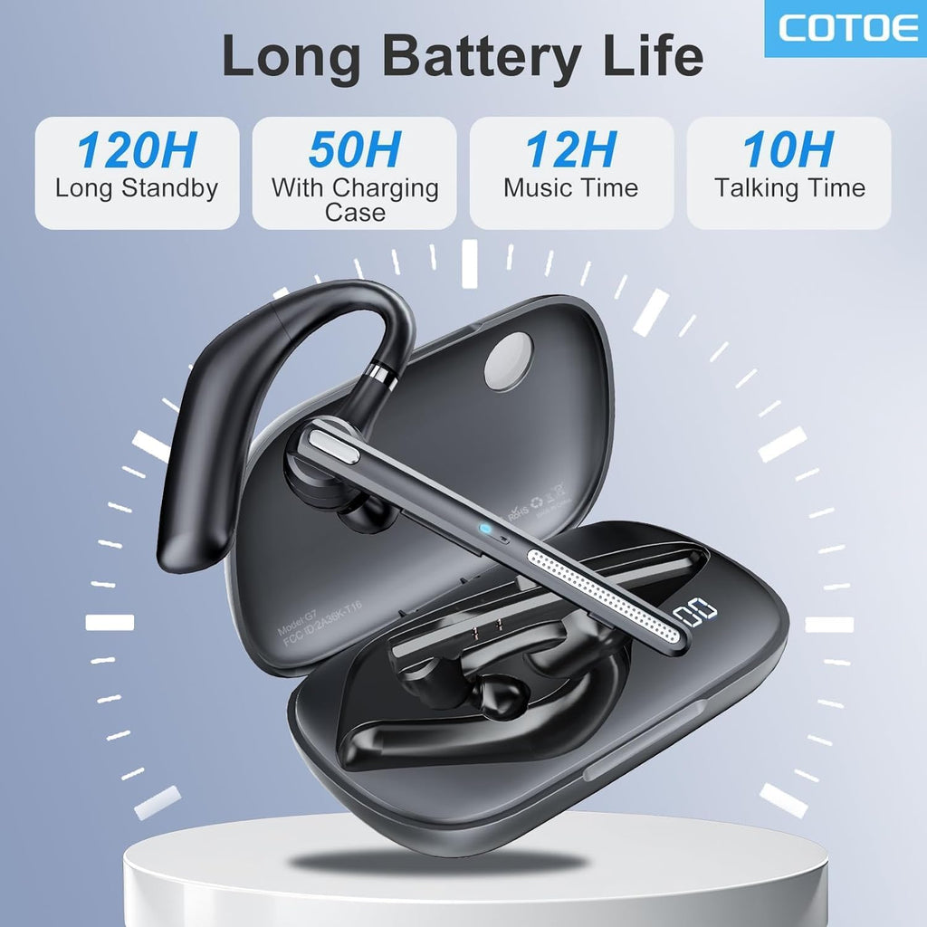 COTOE Bluetooth Headset with 72-Hour Talk Time & 500mAh Charging Case, Bluetooth V5.3 Headset with Noise Cancelling Mic – Wireless Earpiece Hands-Free Headphones for Office Trucker Driving Business